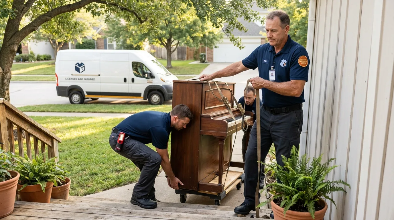 Licensed piano movers securing grand piano in Portland, TN