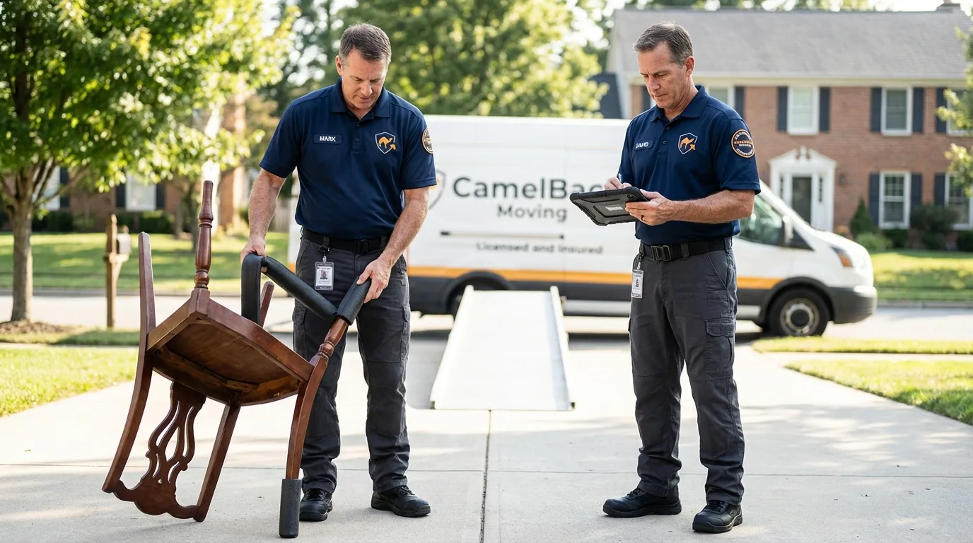 Movers inspecting furniture for damage prevention before loading in Portland, TN