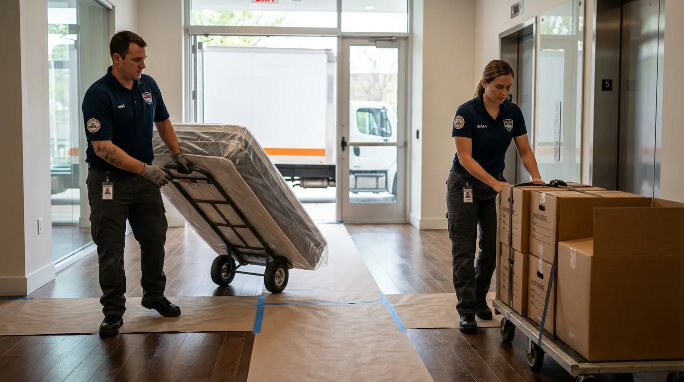 Professional apartment movers loading elevator in Portland, TN